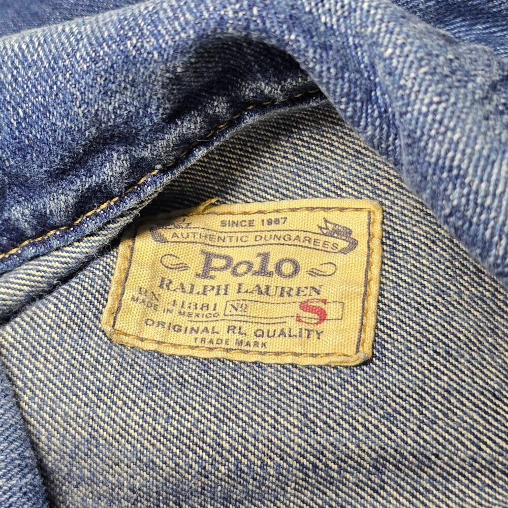 Vintage Polo Ralph Lauren S Small Dungaree Trucker Jacket Blue Distressed Denim - Picture 5 of 8